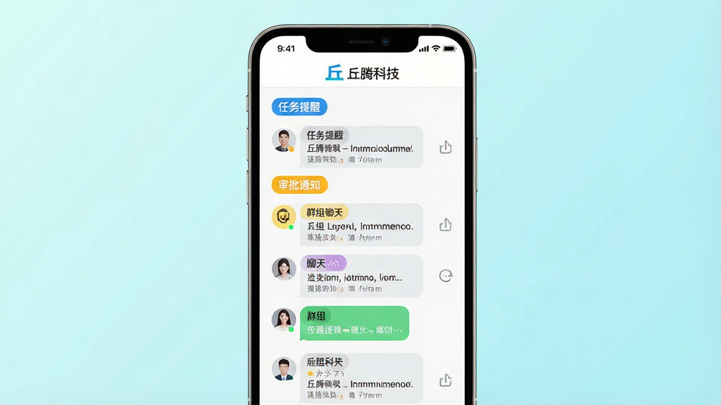 一张展示丘腾科技消息中心界面的图片,手机屏幕中显示聚合消息列表,包含任务提醒、审批通知、群组聊天等不同颜色的标签分类,顶部有“丘腾科技”标志,画面布局为手机正面居中,背景为柔和的浅青色渐变,风格为现代简约科技感,细节处体现消息气泡与图标设计,画质清晰干净无多余元素