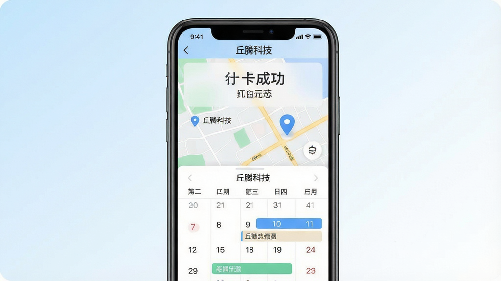 一张展示丘腾科技考勤打卡与日程管理界面的图片,手机屏幕上半部分显示打卡成功状态与地图定位标记,下半部分显示月历视图与日程条目,顶部有“丘腾科技”应用名称,背景为浅蓝色到白色的柔和渐变,风格为现代商务扁平化,细节处体现定位图标与日历标记,画质清晰干净无多余元素