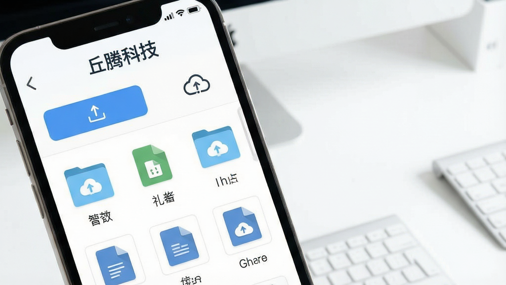一张展示丘腾科技文件管理功能的图片,手机屏幕内显示文件夹列表与文件缩略图,顶部有“丘腾科技”字样,界面中有上传按钮与分享图标,背景为干净的白色办公桌面,风格为清新扁平化设计,细节处体现文件类型图标与云朵同步标识,画质清晰干净无多余元素