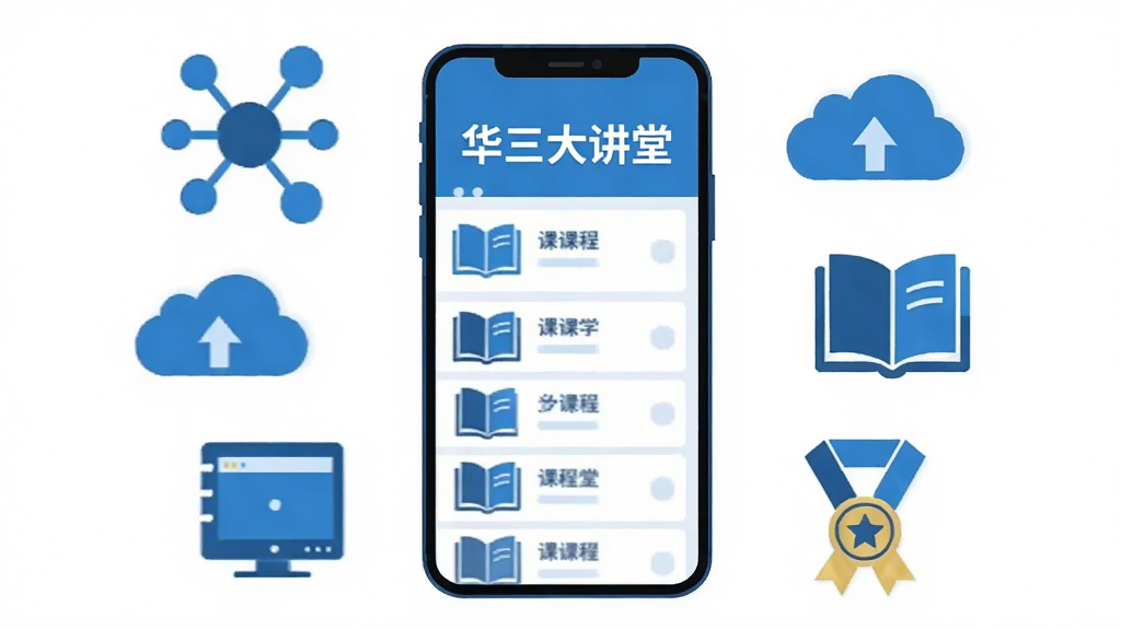 画面中央放置一部智能手机,屏幕显示课程列表界面,上方标题文字为“华三大讲堂”,手机周围环绕网络设备图标、云朵图标、书籍图标与奖章图标,整体采用扁平化科技风格,蓝白配色,布局简洁居中,细节清晰,画质干净,无多余元素