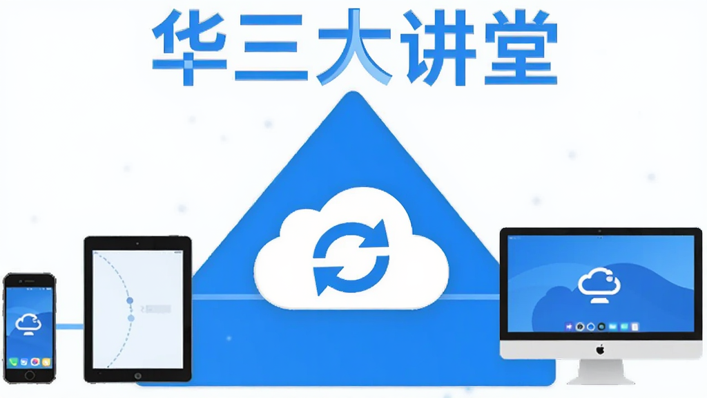 画面中央是云端同步图标,连接手机、平板与电脑三台设备,上方文字为“华三大讲堂”,风格扁平化科技感,蓝白配色,布局三角对称,细节清晰,画质干净,无多余元素