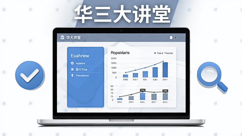 画面中央是一台打开的笔记本电脑,屏幕显示答题界面与分数图表,旁边有对勾图标与放大镜图标,上方文字为“华三大讲堂”,风格商务简洁,蓝灰配色,布局居中,细节清晰,画质干净,无多余元素