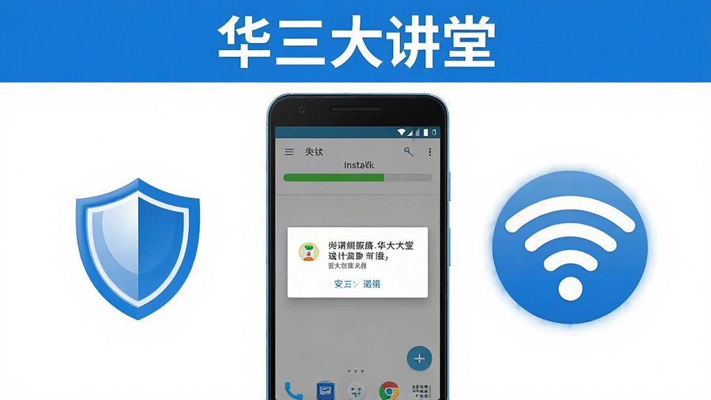 画面中央是一部安卓手机,屏幕显示安装进度条与安全提示弹窗,手机旁边有盾牌图标与WiFi图标,上方文字为“华三大讲堂”,风格简洁明快,蓝白配色,布局居中,细节清晰,画质干净,无多余元素