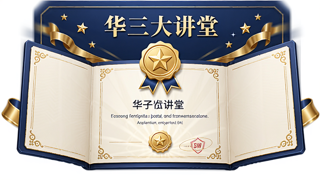 画面中央是一张展开的电子证书,证书上方有奖章图标,周围环绕星星与丝带元素,上方文字为“华三大讲堂”,风格正式庄重,金色与蓝色搭配,布局居中,细节丰富,画质干净,无多余元素