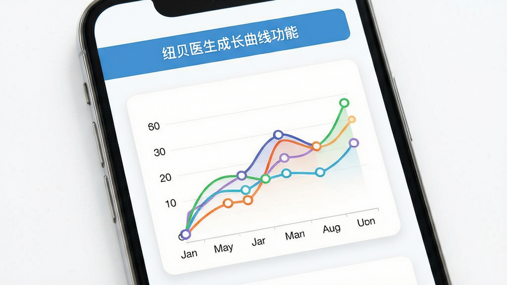 纽贝医生成长曲线功能界面,主体为手机屏幕中的折线图卡片,布局为上方标题栏与下方曲线图,排版清晰,风格为清新医疗风,细节包含彩色曲线、数据节点圆点、月份横轴标注,画质高清干净,背景为白色,无多余元素