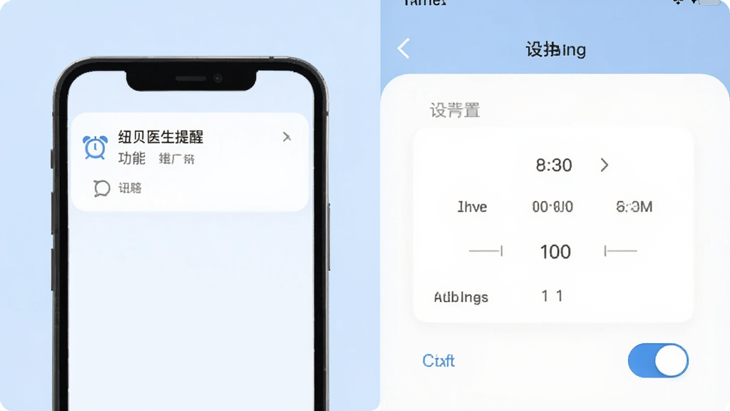 纽贝医生提醒功能界面,主体为手机通知卡片与设置页面,布局为上下分栏,排版简洁,风格为扁平化设计,细节包含闹钟图标、时间选择器、开关按钮,画质清晰干净,背景为柔和浅蓝色,无多余元素
