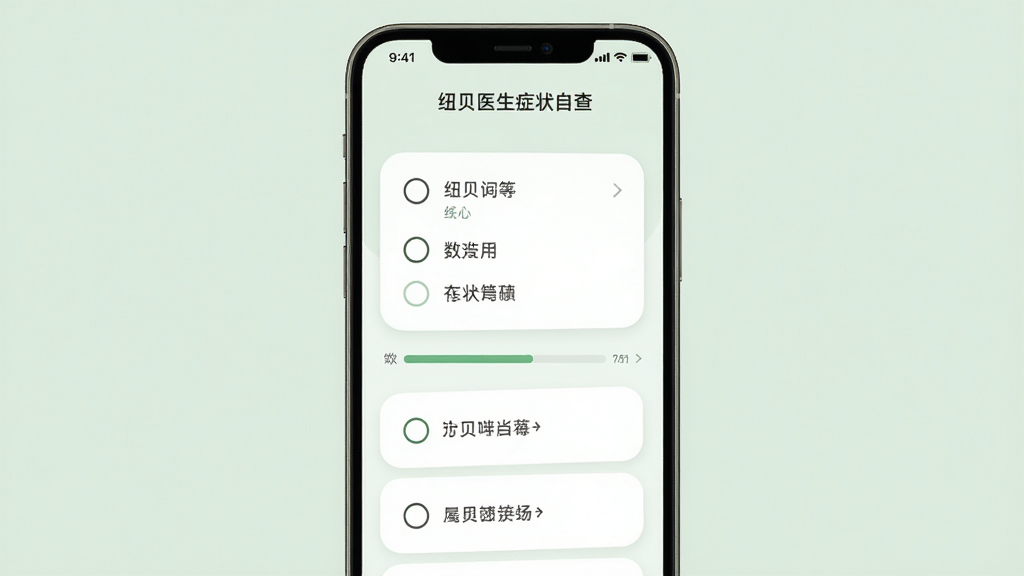 纽贝医生症状自查界面,主体为手机屏幕中的问答选项卡片,布局为居中排列,排版宽松,风格为温和医疗风,细节包含单选按钮、进度指示条、提示文字,画质高清干净,背景为淡绿色,无多余元素