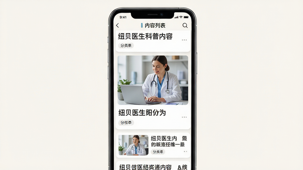 纽贝医生科普内容列表界面,主体为手机屏幕中的文章卡片流,布局为纵向列表,排版规整,风格为阅读类应用UI,细节包含文章配图、标题文字、分类标签,画质清晰干净,背景为米白色,无多余元素