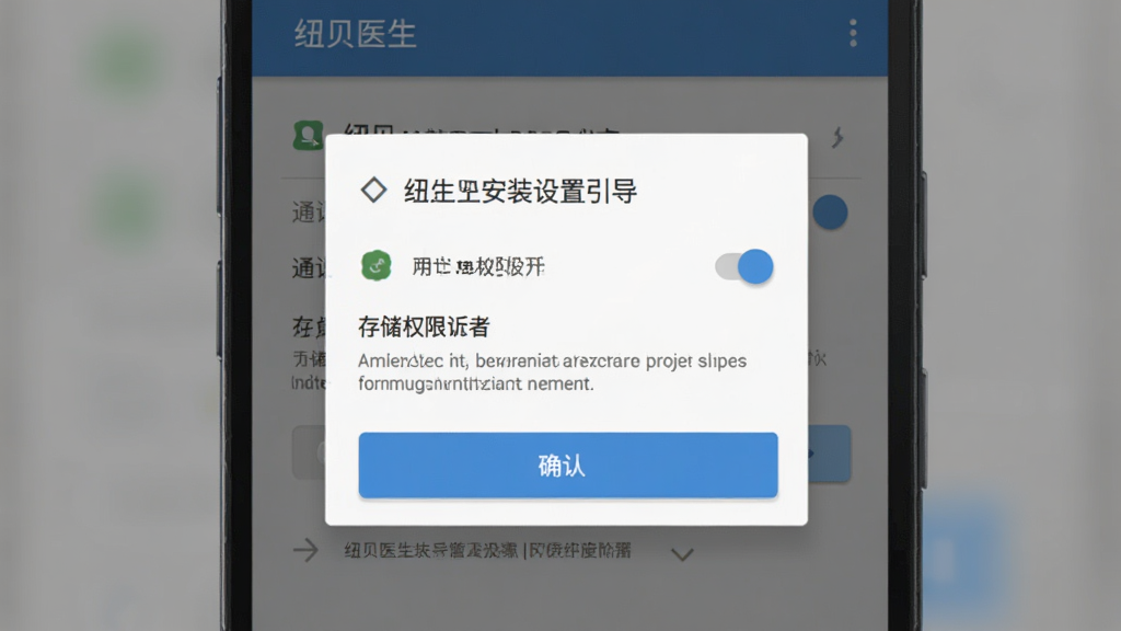 纽贝医生安装设置引导页面,主体为手机屏幕中的权限授权弹窗,布局为居中对话框,排版简洁,风格为安卓系统UI,细节包含通知权限开关、存储权限提示、确认按钮,画质清晰干净,背景为半透明遮罩,无多余元素