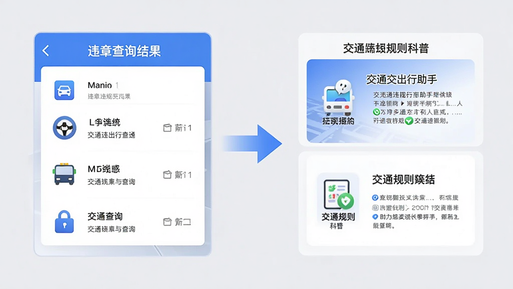 交通违规出行助手功能展示图,画面左侧为违章查询结果面板,右侧为交通规则科普卡片,中间用箭头连接表示信息流转,背景为浅灰色,风格清新简约,细节包含图标、文字说明,画质干净清晰