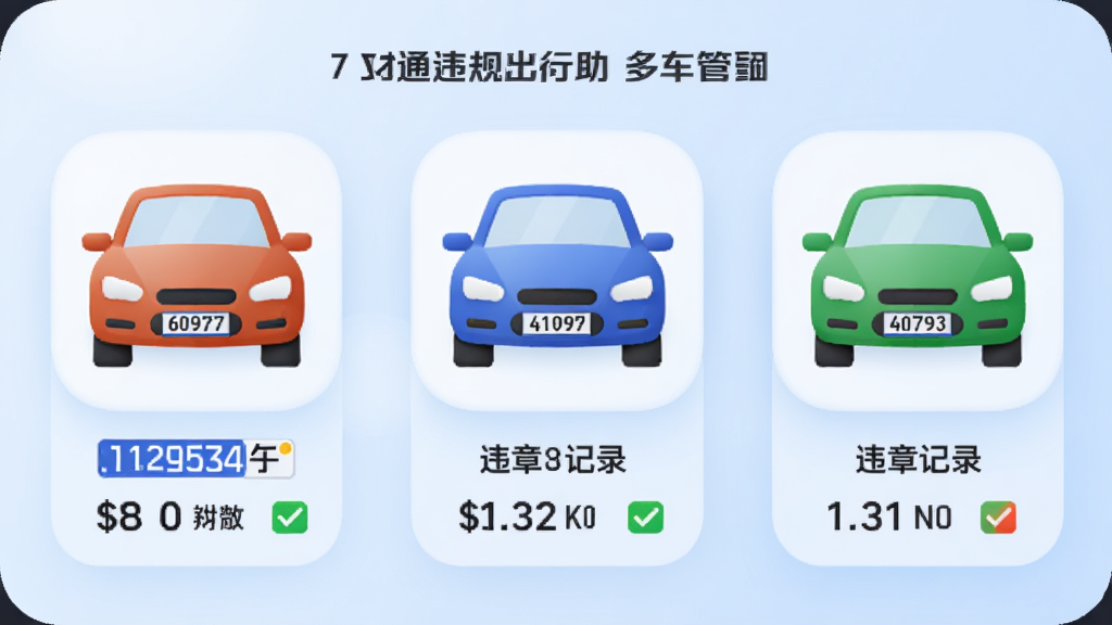 交通违规出行助手多车管理界面,画面展示三部不同颜色的汽车图标并排排列,每辆车下方显示对应的违章记录数量,背景为淡蓝色渐变,风格柔和圆角,细节包含车牌号标签与状态标识,画质清晰干净