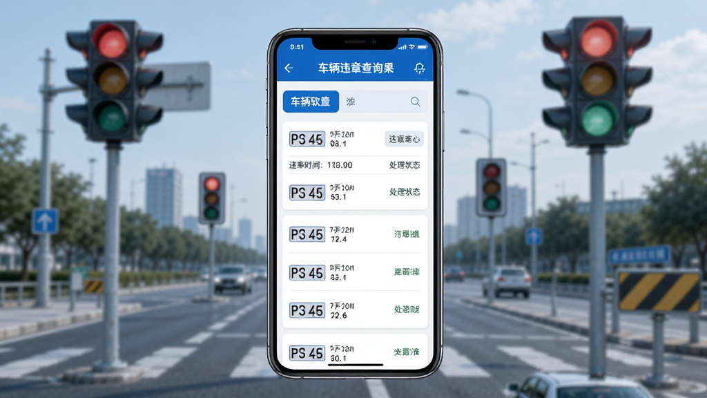 交通违规出行助手软件主界面展示,中央放置一部智能手机,屏幕显示车辆违章查询结果列表,背景为城市道路与交通信号灯,整体采用蓝白配色,风格简洁商务,细节包含车牌号、违章时间、处理状态等元素,画质清晰干净,无多余元素