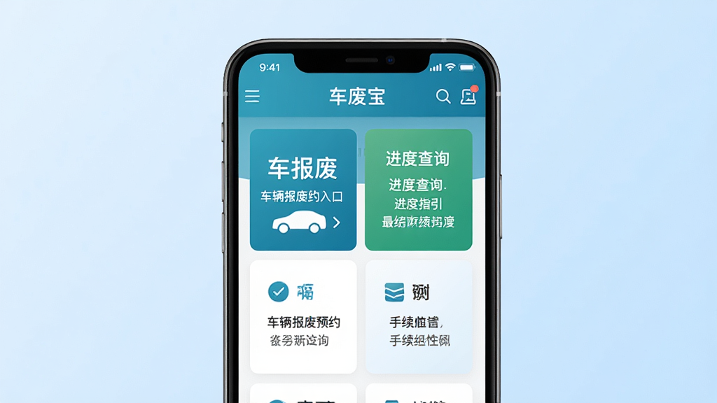 车废宝手机应用主界面展示,画面中央是一部智能手机,手机屏幕上显示车废宝APP首页,包含车辆报废预约入口、进度查询、手续指引等模块,背景为干净的浅蓝色渐变,风格简洁现代,细节清晰,画质高清,干净,无多余元素