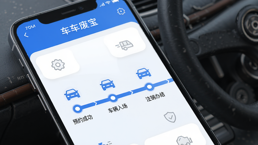 车废宝报废进度追踪功能界面,手机屏幕显示一条时间轴进度条,标注预约成功、车辆入场、拆解完成、注销办结等节点,界面清爽,配色以蓝白为主,周围有简洁图标点缀,画质高清,干净,无多余元素