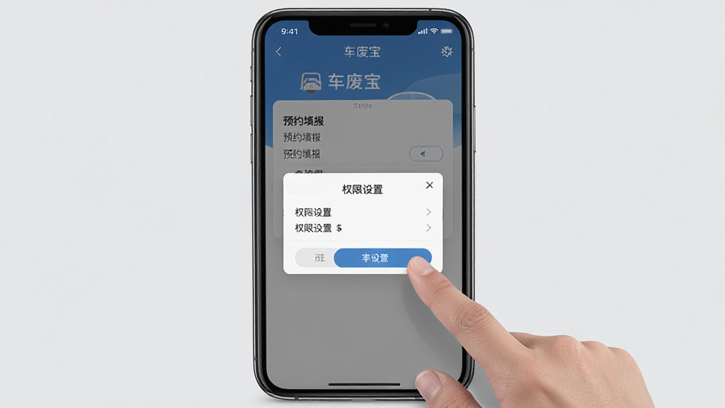 车废宝移动端操作界面截图,手机屏幕展示预约填报页面和权限设置弹窗,画面中有手指点击屏幕的动作,背景为浅灰色,风格写实,细节清晰,画质高清,干净,无多余元素