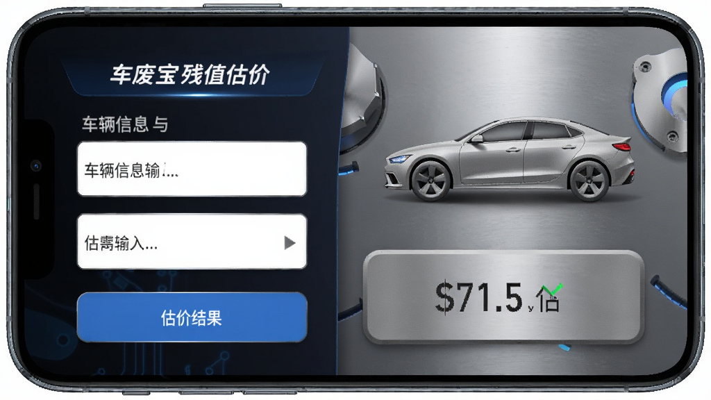 车废宝残值估价功能页面,手机屏幕显示车辆信息输入框和估价结果区间,旁边配有汽车轮廓图标和金属质感元素,整体风格科技感十足,画质高清,干净,无多余元素