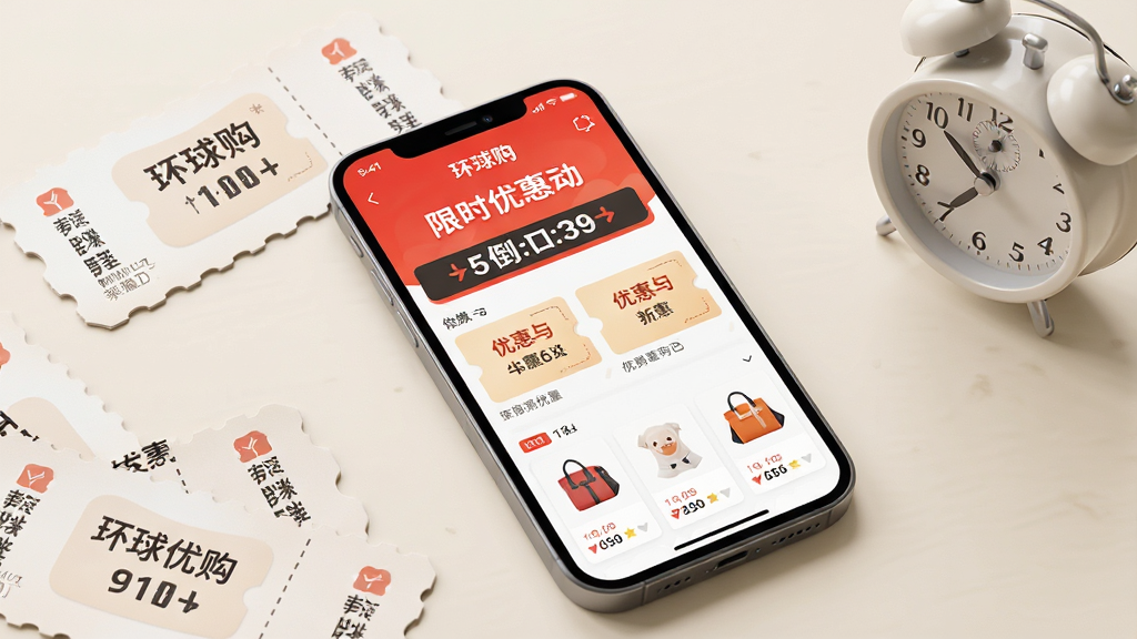 一张表现电商促销活动页面的写实图片,画面中央是一部手机,屏幕上显示“环球购”的限时优惠活动界面,包含倒计时、优惠券卡片和商品列表,手机周围散落着几张纸质优惠券和一个小闹钟,背景为干净的浅色桌面,布局紧凑,风格柔和圆角,细节丰富,画质高清,干净,无多余元素