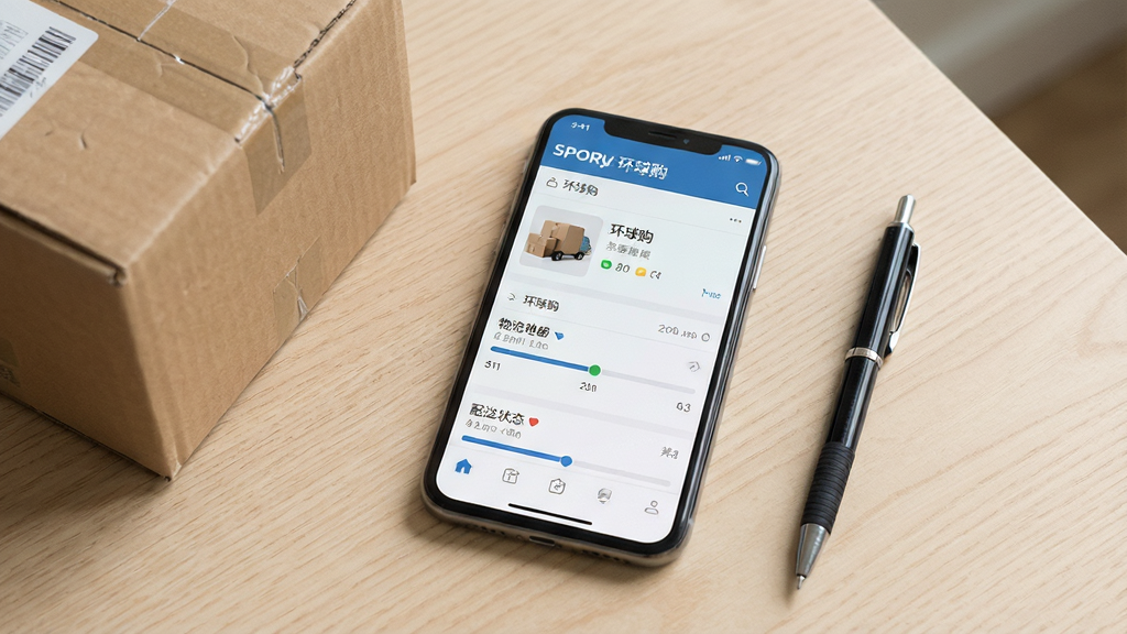 一张展示手机订单物流跟踪界面的写实图片,画面中央是一部手机,屏幕上显示“环球购”的订单详情页,包含商品缩略图、物流进度条和配送状态文字,手机旁边放着一个快递纸箱和一支笔,背景为浅木色桌面,布局简洁,风格素雅极简,细节清晰,画质高清,干净,无多余元素