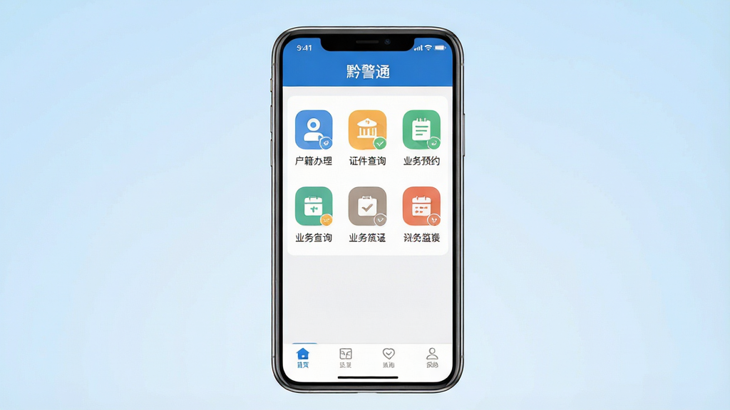 一张展示黔警通手机应用主界面的预览图,画面中央是一部竖屏智能手机,屏幕上显示黔警通App首页,顶部有“黔警通”蓝色标题栏,中部为功能图标网格,包含户籍办理、证件查询、业务预约等图标,底部为导航栏,背景为浅蓝色渐变,整体布局简洁清晰,风格为扁平化UI设计,细节包括图标圆角、文字标签、状态栏信号与电量显示,画质清晰,干净,无多余元素
