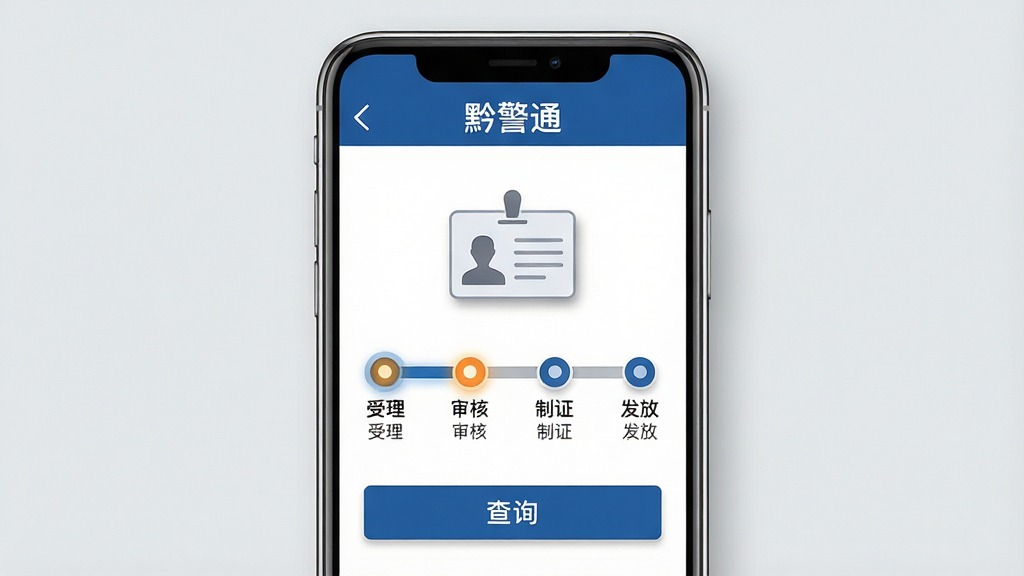 一张展示黔警通证件查询功能的预览图,画面中一部手机屏幕显示证件进度查询页面,页面顶部有“黔警通”标题,中部有身份证图标与进度条,进度条分为受理、审核、制证、发放四个节点,底部有查询按钮,背景为浅灰色,布局清晰,风格为简约商务风,细节包括节点高亮、文字说明、图标阴影,画质清晰,干净,无多余元素