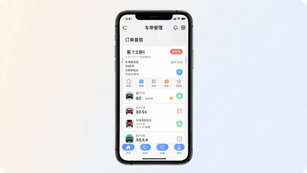 一车帝商户端手机应用界面展示,画面主体是一部竖屏智能手机,屏幕内呈现商户订单管理面板与客户列表,布局采用居中展示,背景为浅色渐变,风格简洁商务,细节包含图标按钮和车辆服务卡片,画质清晰,干净,无多余元素