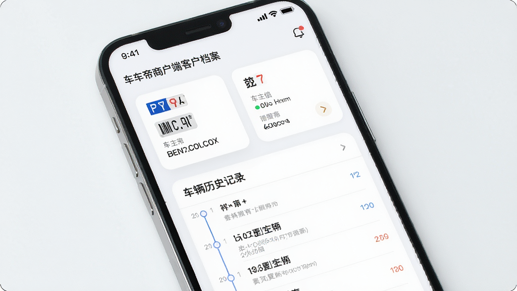 一车帝商户端客户档案页面,画面主体为手机屏幕显示车主信息卡片与车辆历史记录,布局为纵向信息流,排版规整,风格清爽浅色,细节包含车牌标识与时间轴,画质清晰,干净,无多余元素