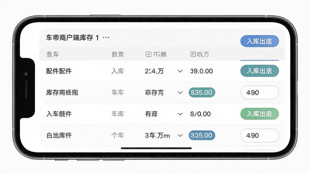 一车帝商户端库存管理页面,画面主体为手机屏幕显示配件列表与库存数量,布局为表格化排列,排版紧凑,风格素雅极简,细节包含入库出库按钮与数量标识,画质清晰,干净,无多余元素