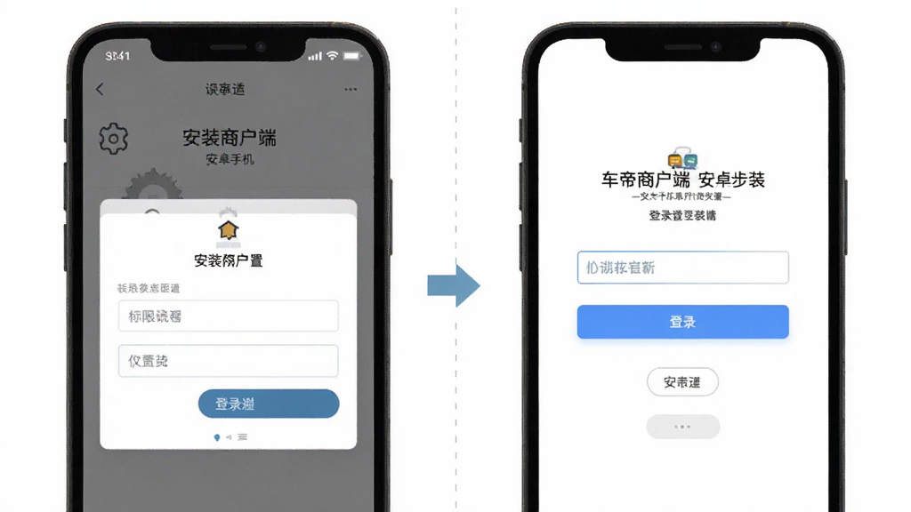 一车帝商户端安卓手机安装步骤示意图,画面主体为手机屏幕展示安装权限设置与登录界面,布局为左右分步展示,排版清晰,风格扁平化,细节包含设置图标与输入框,画质清晰,干净,无多余元素