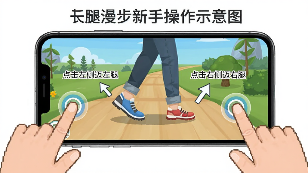 长腿漫步新手操作示意图,手机屏幕显示游戏画面,左右两侧有手指点击的动画示意,画面中有箭头标注“点击左侧迈左腿”“点击右侧迈右腿”,风格为教程图解,简洁明了,画质清晰,无多余元素