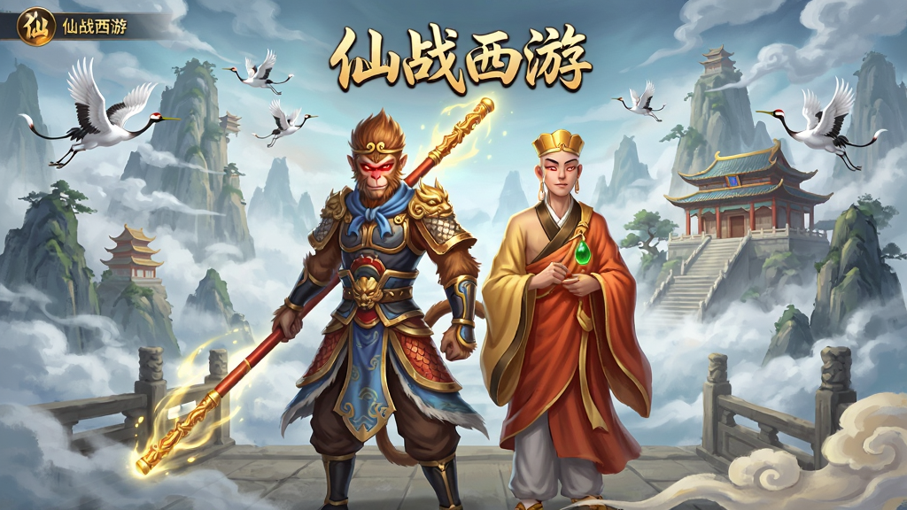 主体为仙战西游游戏主界面场景,布局为中央展示仙侠角色孙悟空与唐僧并肩站立,背景为云雾缭绕的仙山与宫殿,排版为横版宽幅画面,风格为国风仙侠手绘风格,细节包括角色服饰纹理、法宝光效、远处飞行的仙鹤与祥云,画质高清干净无多余元素,图片中文字“仙战西游”居中显示