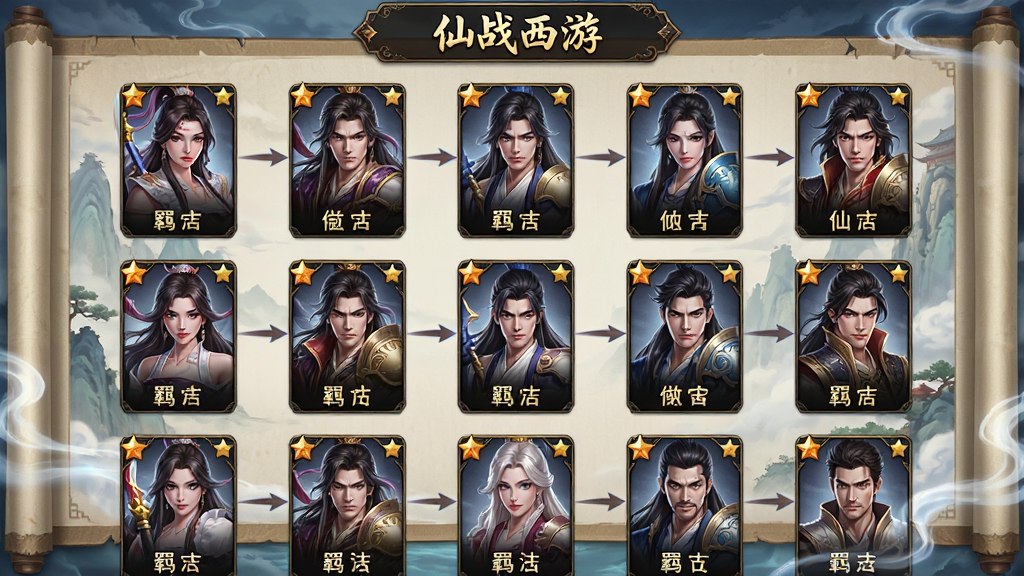 主体为仙战西游角色招募界面,布局为网格状角色卡牌排列,排版为纵向列表与横向卡牌结合,风格为国风仙侠游戏UI风格,细节包括角色立绘、星级标识、羁绊连线、背景为仙气缭绕的卷轴,画质高清干净无多余元素,图片中文字“仙战西游”在顶部标题栏显示