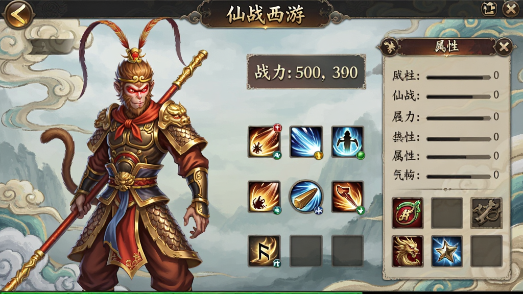 主体为仙战西游角色属性界面,布局为左侧角色立绘右侧属性面板,排版为纵向信息列表,风格为国风仙侠游戏界面,细节包括角色孙悟空立绘、战力数值、技能图标、装备栏、背景为祥云纹理,画质高清干净无多余元素,图片中文字“仙战西游”在顶部显示