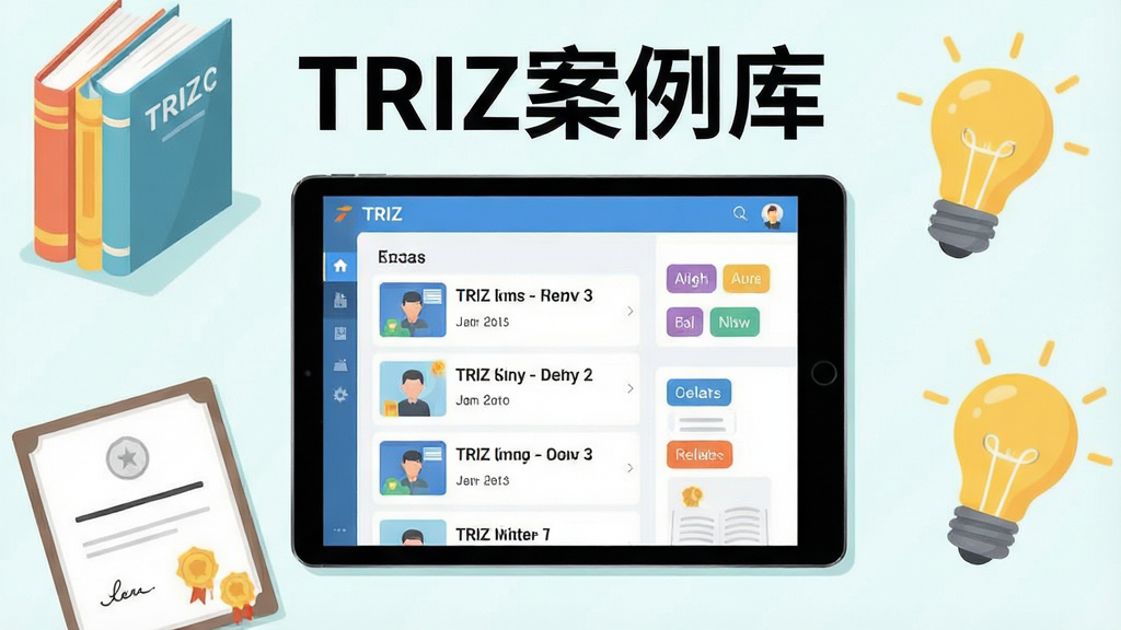 һ��չʾTRIZѧϰ���Ͽ�����ʾ��ͼ������������ƽ�������Ļ��ʾ�����б��ͷ����ǩ����Ļ��Χɢ�����鼮��֤�顢���ݵ�ѧϰԪ�أ�����������죬�����������޶���Ԫ�أ�ͼƬ������Ϊ��TRIZ�����⡱