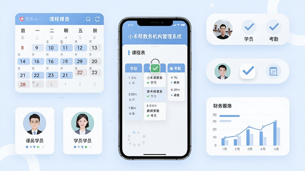画面中央放置一部智能手机,屏幕显示“小禾帮教务机构管理系统”的课程表界面,周围环绕排课日历、学员头像卡片、考勤打勾图标、财务图表等元素,整体采用浅蓝与白色为主的扁平化UI风格,布局简洁清晰,细节上体现教育管理场景,画质干净高清,无多余装饰元素