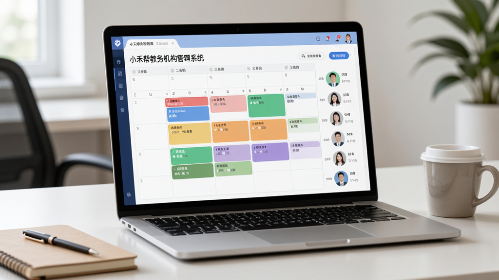 画面主体为一台打开的笔记本电脑,屏幕上显示“小禾帮教务机构管理系统”的排课日历界面,彩色课程块整齐排列,旁边有教师头像与时间轴,桌面摆放着笔记本和咖啡杯,风格为现代简约办公场景,细节清晰,光线柔和,画质高清,干净无杂乱元素