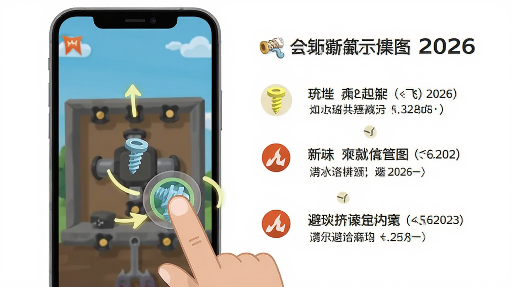 螺丝飞起来2026新手操作示意图,主体为手机屏幕显示游戏关卡与手指点击螺丝,布局为左侧游戏画面右侧文字标注要点,排版清晰,风格为扁平化教程风,细节包括高亮螺丝、箭头指示、避坑图标,画质干净无多余元素