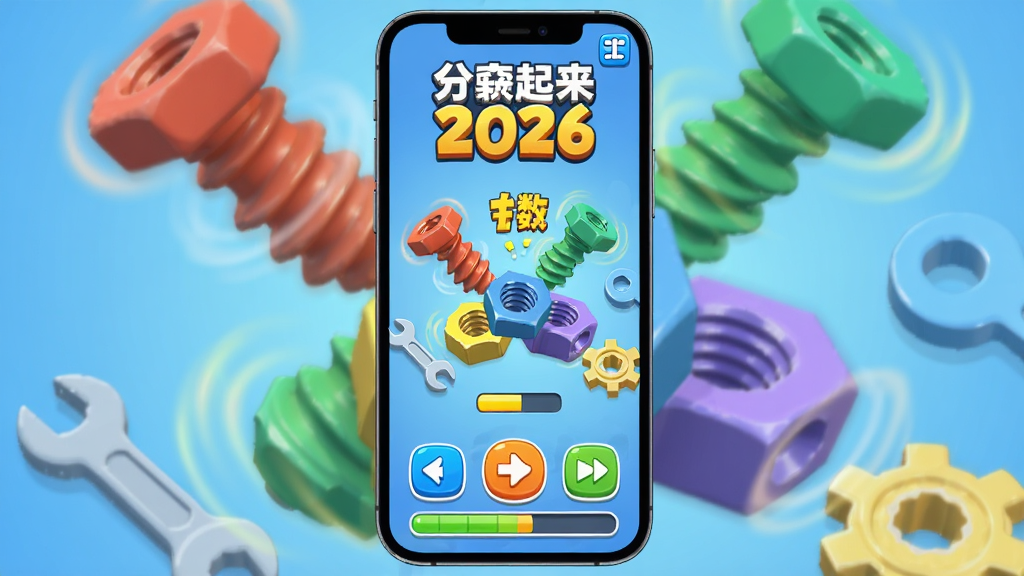 螺丝飞起来2026游戏主界面,主体为一部智能手机竖屏展示游戏画面,画面中央有彩色螺丝与螺母图案,周围散落金属零件和扳手图标,布局简洁居中,排版为上方游戏标题下方操作按钮,风格为卡通休闲3D渲染,细节包括螺丝旋转光效、分数飘字、进度条,画质高清干净无多余元素