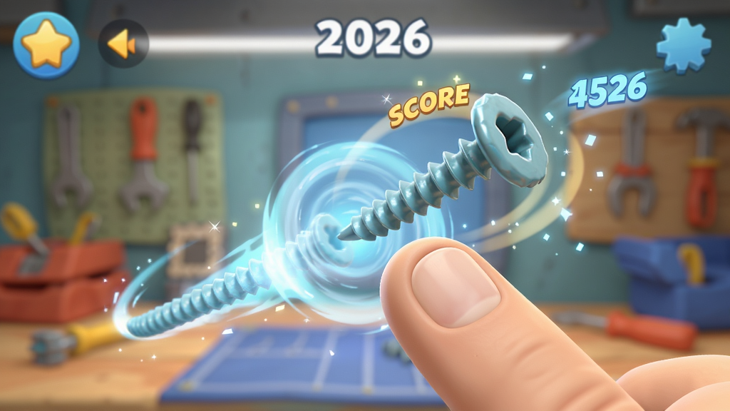 螺丝飞起来2026游戏操作特写,主体为手指点击屏幕上的螺丝,螺丝旋转飞出并伴随光效,布局为手指与螺丝占据画面中心,排版突出动作瞬间,风格为明亮卡通3D,细节包括飞出的螺丝轨迹、得分数字、背景虚化的工坊场景,画质清晰干净无多余元素