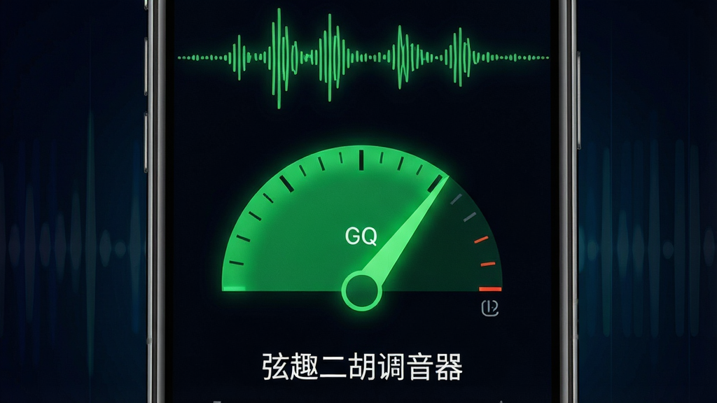 一张展示弦趣二胡调音器高精度音频识别功能的特写图,手机屏幕占据画面主体,屏幕中央显示绿色指针指向标准音区域,屏幕上方有跳动的音波波形图案,屏幕下方标注“弦趣二胡调音器”字样,背景为深色渐变,突出屏幕发光效果,科技感十足,画质清晰干净