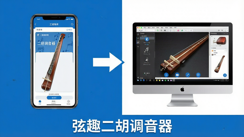 一张展示弦趣二胡调音器使用指南的图文说明风格图,画面分为左右两部分,左侧展示手机端操作界面,右侧展示电脑模拟器界面,中间用箭头连接,画面底部有“弦趣二胡调音器”文字标识,整体风格清晰明了,配色以蓝白为主,画质干净整洁