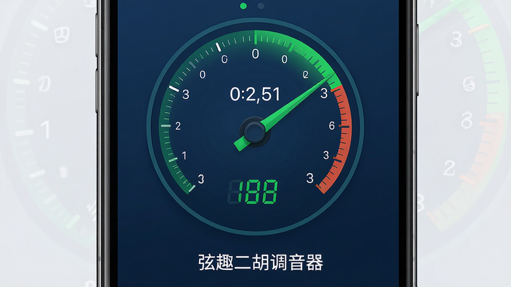 一张展示弦趣二胡调音器可视化调音界面的产品截图风格图,画面中手机屏幕显示圆形指针表盘和数字频率,表盘指针指向绿色区域,屏幕底部有“弦趣二胡调音器”文字标识,整体配色以深蓝和翠绿为主,界面元素排列整齐,风格现代简约,画质高清