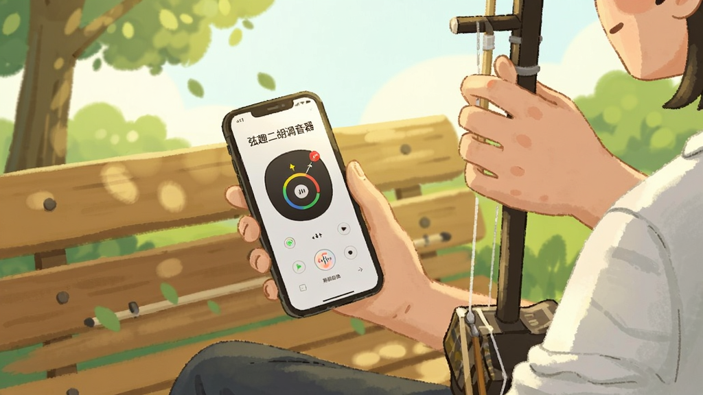 一张展示弦趣二胡调音器离线使用场景的插画风格图,画面中一位二胡演奏者坐在公园长椅上,手持手机使用调音器功能,手机屏幕显示“弦趣二胡调音器”界面,周围有绿树和阳光,氛围轻松自然,画面色调温暖明亮,画质清晰
