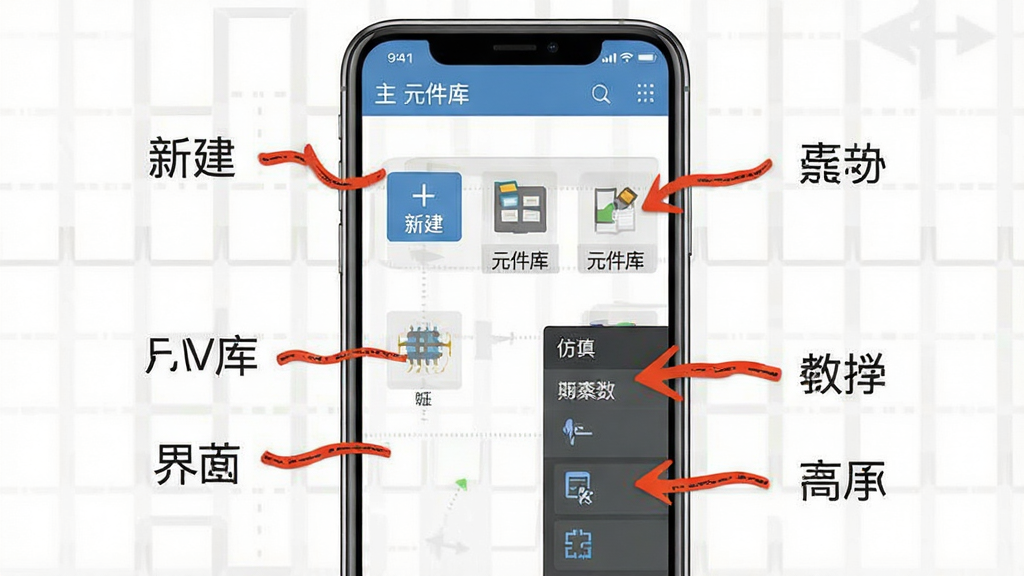 一张展示EDA软件新手操作界面的引导图。主体为手机屏幕显示EDA软件主界面,屏幕上有箭头标注各个功能区域,如