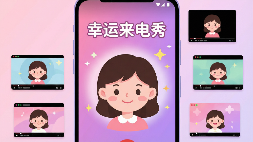 一张展示安卓智能手机来电界面的场景图,屏幕中央显示一位甜美微笑的卡通女孩形象,背景是粉紫色渐变光晕和闪烁的星星装饰,手机周围散落着几个小型视频播放窗口预览,整体采用明亮活泼的扁平化插画风格,画面干净整洁,色彩柔和舒适,文字“幸运来电秀”以圆润可爱的字体显示在屏幕顶部,画质清晰细腻,无多余元素