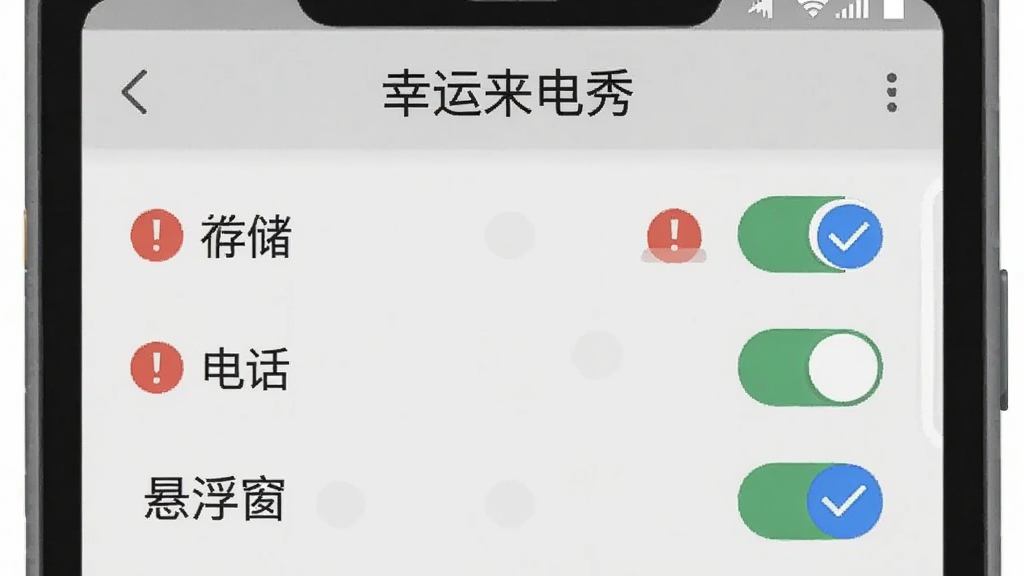一张手机屏幕截图风格的插画,画面中一部安卓手机显示幸运来电秀的应用权限设置页面,有存储、电话、悬浮窗等权限开关,旁边有红色感叹号和蓝色对勾图标作为提示,背景是浅灰色,整体风格简洁明了,文字“幸运来电秀”显示在顶部,画质清晰干净
