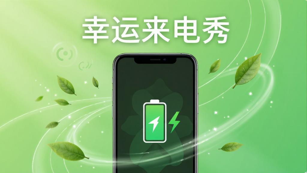 一部手机屏幕显示电池图标和绿色节能标志,周围有流畅的线条和树叶飘动,背景是清新的绿色渐变,手机上方有“幸运来电秀”字样,整体风格简约环保,画面干净清爽,画质清晰