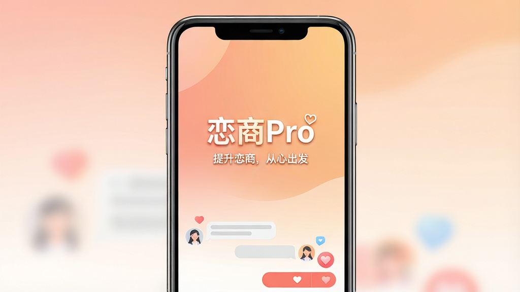 一张展现“恋商Pro”核心全貌的竖版手机应用界面截图,主体是手机屏幕,屏幕内显示“恋商Pro”的启动页,背景是柔和的暖色调渐变,屏幕中央有“恋商Pro”的显著Logo和“提升恋商,从心出发”的标语,手机下方有聊天对话框和心形图标作为装饰元素,布局为居中对称排版,风格为现代扁平化UI设计,细节上手机边缘带有细微高光,画质清晰,干净,无多余元素