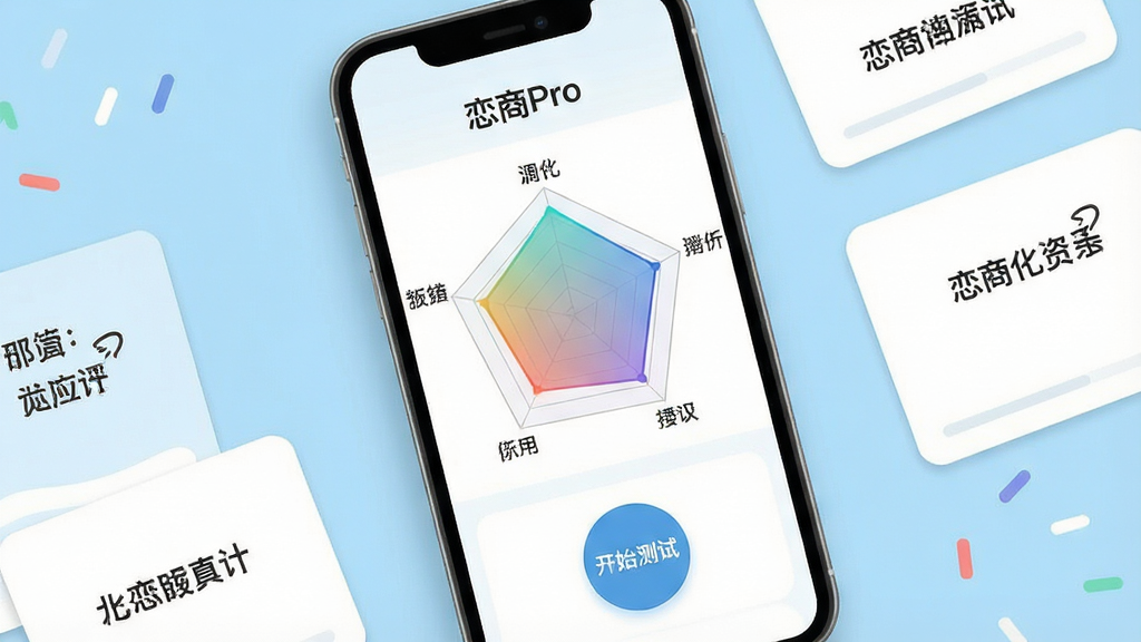 一张展示“恋商Pro”专业恋商测试评估功能的手机界面预览图,主体是手机屏幕,屏幕内显示一个雷达图,雷达图有五个维度标签,下方有“开始测试”的圆形按钮,背景是浅蓝色,手机旁边散落着几张写有文字的卡片,布局为俯视平铺,风格为清新扁平化,细节上雷达图有渐变色填充,画质清晰,干净,无多余元素