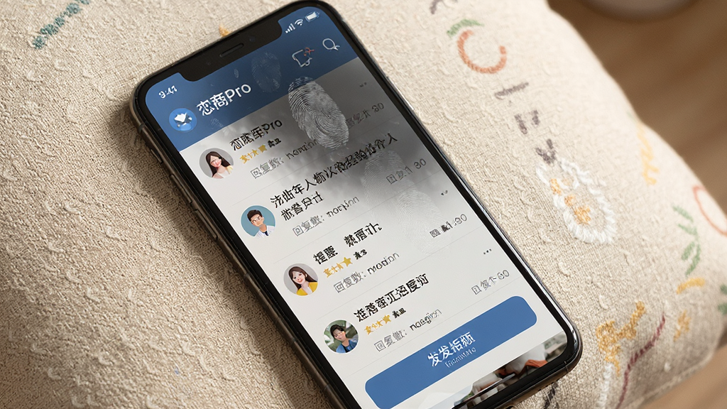 一张展示“恋商Pro”社区互动与经验分享功能的手机界面预览图,主体是手机屏幕,屏幕内显示一个论坛帖子列表,每个帖子有头像、标题和回复数,底部有发帖按钮,手机放在一个抱枕旁边,布局为对角线构图,风格为温馨生活化,细节上屏幕有轻微指纹痕迹,画质清晰,干净,无多余元素