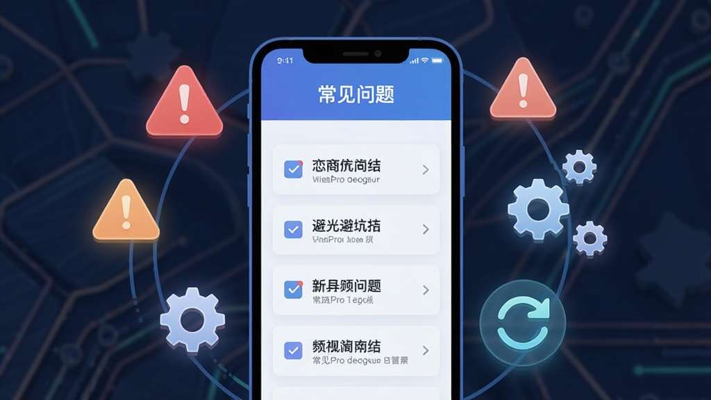 一张展示“恋商Pro”新手避坑指南的示意图,主体是一个手机屏幕和周围漂浮的警告图标、齿轮图标、刷新图标,屏幕内显示“常见问题”列表,布局为环绕式构图,风格为科技扁平化,细节上图标有轻微发光效果,画质清晰,干净,无多余元素